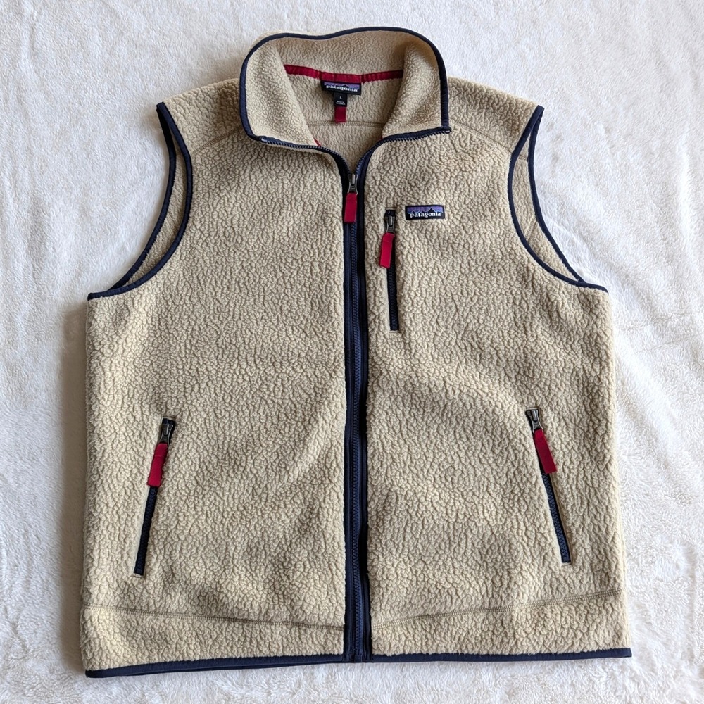 Patagonia Men's Retro Pile Fleece Vest Tan Navy Blue Full Zip Large